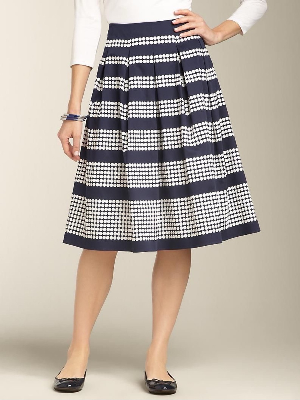 Talbots Pleated Midi Skirt Navy Polka Dot A-Line Size 4 Lined